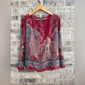 Lauren Ralph Lauren Top Floral Paisley Sheer‎ Unlined Long Sleeve Sz M Boat Neck